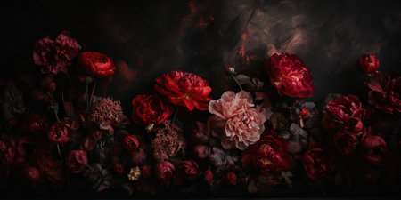 Generative AI, Close up of blooming flowerbeds of amazing red color flowers on dark moody floral textured background. Photorealistic effects..の素材