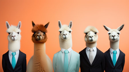 Generative AI, Group of positive different colors of alpacas or lamas, funny animals. Individuality, independence, think different, creative idea, diversity and inclusive concept.の素材