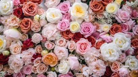 Generative AI, flowers wall background with white and light pink fresh roses, pastel and soft bouquet floral cardの素材