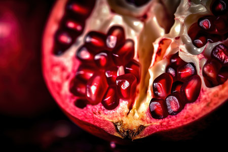 Generative AI, Macro Fresh Juicy half of pomegranate fruit background. Close-up photoの素材