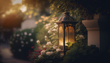 Generative AI, Beautiful summer private garden with many flowers and plants, nature landscape, english countryside cottage styleの素材