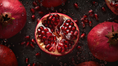 Generative AI, Macro Fresh Juicy half and whole of pomegranate fruit background as pattern. Close up photo with drops of waterの素材