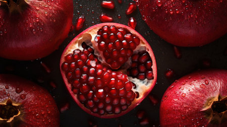 Generative AI, Macro Fresh Juicy half and whole of pomegranate fruit background as pattern. Close up photo with drops of waterの素材