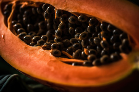 Generative AI, Macro Fresh half of papaya fruit background. Tropical exotic closeup photo with dropsの素材