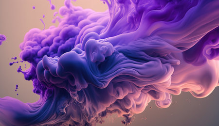 Generative AI, Flowing lavender violet liquid and smoke with splashes. Bright fluid banner, 3D effect, modern macro realistic abstract background illustration, ink in water effect.の素材