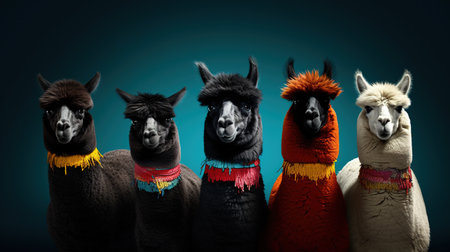 Generative AI, Group of positive different colors of alpacas or lamas, funny animals. Individuality, independence, think different, creative idea, diversity and inclusive concept.の素材