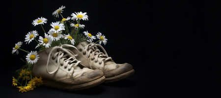 Generative AI, Old boot with meadow spring flowers, handmade shoe planter. Environmental activism conceptの素材