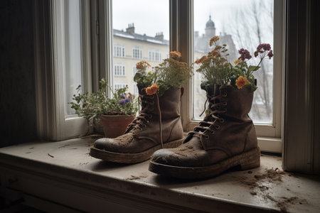 Generative AI, Old boot with meadow spring flowers, handmade shoe planter. Environmental activism conceptの素材