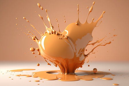 Generative AI, Flowing liquid with splashes in apricot color. Glossy cream caramel fluid banner, 3D effect, modern macro photorealistic abstract background illustration.の素材