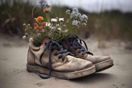 Generative AI, Old boot with meadow spring flowers, handmade shoe planter. Environmental activism conceptの素材
