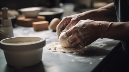 Generative AI, Hands of baker in restaurant or home kitchen, prepares ecologically natural pastriesの素材