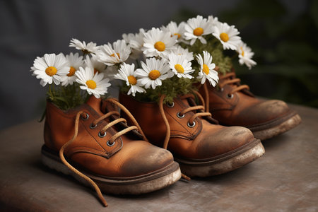 Generative AI, Old boot with meadow spring flowers, handmade shoe planter. Environmental activism conceptの素材