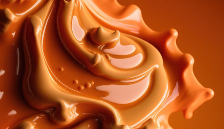 Generative AI, Flowing liquid with splashes in apricot color. Glossy cream caramel fluid banner, 3D effect, modern macro photorealistic abstract background illustration.の素材