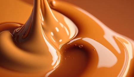 Generative AI, Flowing liquid with splashes in apricot color. Glossy cream caramel fluid banner, 3D effect, modern macro photorealistic abstract background illustration.の素材