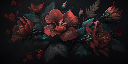 Generative AI, Close up of blooming flowerbeds of amazing red color flowers on dark moody floral textured background. Photorealistic effects..の素材