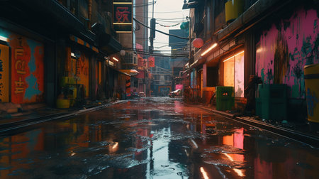 Generative AI, Night scene of after rain city in cyberpunk style, futuristic nostalgic 80s, 90s. Neon lights vibrant colors, photorealistic horizontal illustration.の素材