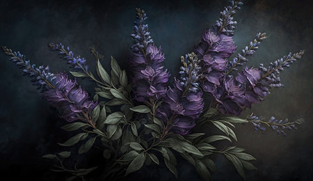 Generative AI, Close up of blooming flowerbeds of amazing lavender purple flowers on dark moody floral textured background. photorealistic effect.の素材