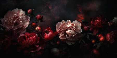 Generative AI, Close up of blooming flowerbeds of amazing red color flowers on dark moody floral textured background. Photorealistic effects..の素材