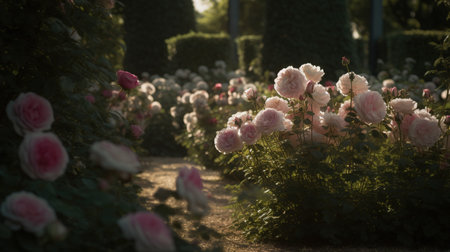 Generative AI, Beautiful summer private garden with many flowers and plants, nature landscape, english countryside cottage styleの素材