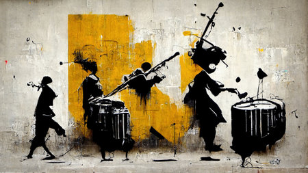 Generative AI, Abstract Street art with keys and musical instruments silhouettes. Ink colorful graffiti art on a textured paper vintage background, inspired by Banksyの素材
