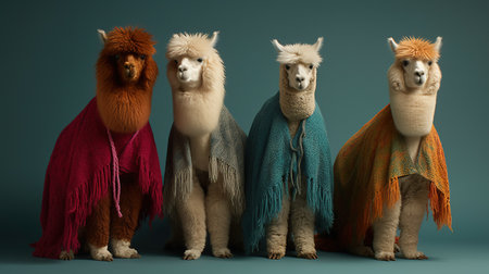Generative AI, Group of positive different colors of alpacas or lamas, funny animals. Individuality, independence, think different, creative idea, diversity and inclusive concept.の素材