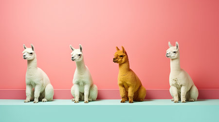 Generative AI, Group of positive different colors of alpacas or lamas, funny animals. Individuality, independence, think different, creative idea, diversity and inclusive concept.の素材