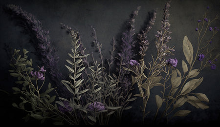 Generative AI, Close up of blooming flowerbeds of amazing lavender purple flowers on dark moody floral textured background. photorealistic effect.の素材