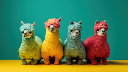Generative AI, Group of positive different colors of alpacas or lamas, funny animals. Individuality, independence, think different, creative idea, diversity and inclusive concept.の素材