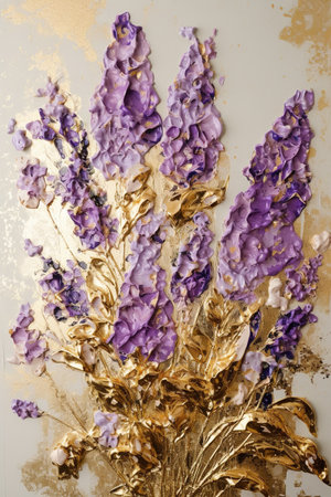 Generative AI, lavender branches hand drawn oil painting with golden leaves on white backgroundの素材