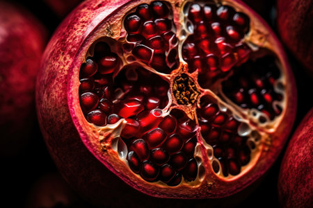 Generative AI, Macro Fresh Juicy half of pomegranate fruit background. Close-up photoの素材