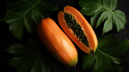 Generative AI, Macro Fresh half of papaya fruit background. Tropical exotic closeup photo with dropsの素材