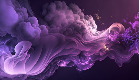 Generative AI, Flowing lavender violet liquid and smoke with splashes. Bright fluid banner, 3D effect, modern macro realistic abstract background illustration, ink in water effect.の素材