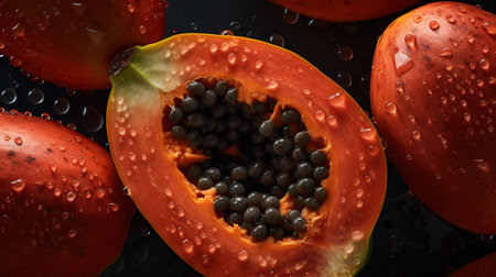 Generative AI, Macro Fresh half of papaya fruit background. Tropical exotic closeup photo with dropsの素材