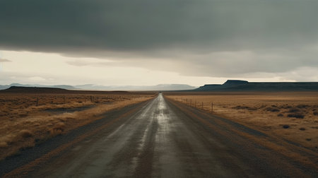 Generative AI, Landscape, lonely road, mountains, country side. Photorealistic horizontal illustration, asphalt road, wilderness areaの素材
