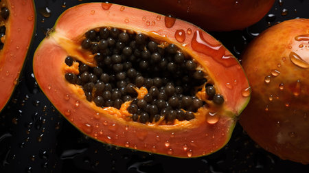 Generative AI, Macro Fresh half of papaya fruit background. Tropical exotic closeup photo with dropsの素材