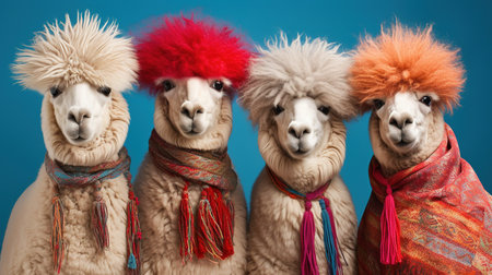 Generative AI, Group of positive different colors of alpacas or lamas, funny animals. Individuality, independence, think different, creative idea, diversity and inclusive concept.の素材