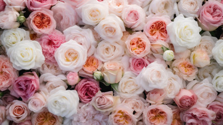 Generative AI, flowers wall background with white and light pink fresh roses, pastel and soft bouquet floral cardの素材