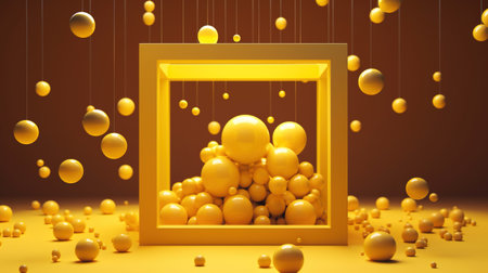 Generative AI, geometric figures, floating spheres and balls in yellow color. Glossy banner, 3D scene effect, modern macro photorealistic abstract background illustration.の素材