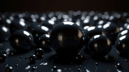 Generative AI, geometric figures, floating spheres and balls in black color. Glossy banner, 3D scene effect, modern macro photorealistic abstract background illustration.の素材