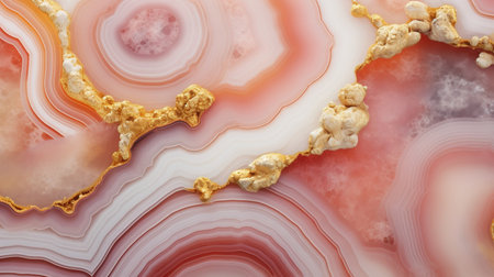 Generative AI, natural volcanic agate stones close-up light pink, green and golden texture. Wallpaper background, quartz marble, decorative rock pattern.の素材