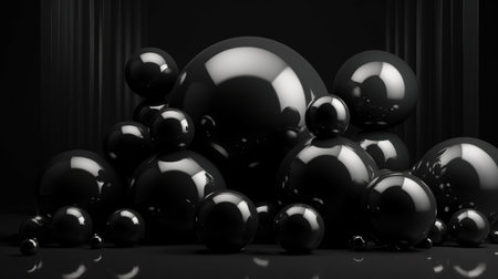 Generative AI, geometric figures, floating spheres and balls in black color. Glossy banner, 3D scene effect, modern macro photorealistic abstract background illustration.の素材
