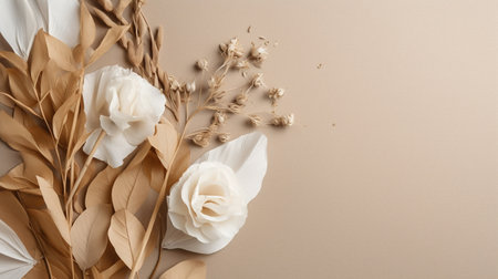 Generative AI, Bohemian minimalistic background surrounded by natural dried leaves and plants, boho neutral colors mock upの素材