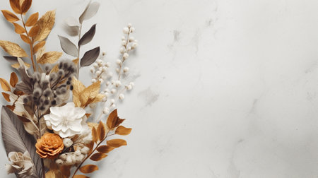 Generative AI, Bohemian minimalistic background surrounded by natural dried leaves and plants, boho neutral colors mock upの素材