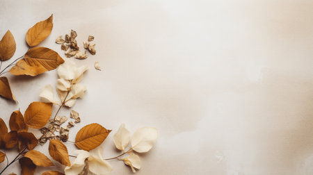 Generative AI, Bohemian minimalistic background surrounded by natural dried leaves and plants, boho neutral colors mock upの素材