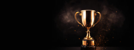 Generative AI, Winner trophy with flames, golden champion cup with falling confetti on dark backgroundの素材