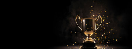 Generative AI, Winner trophy with flames, golden champion cup with falling confetti on dark backgroundの素材