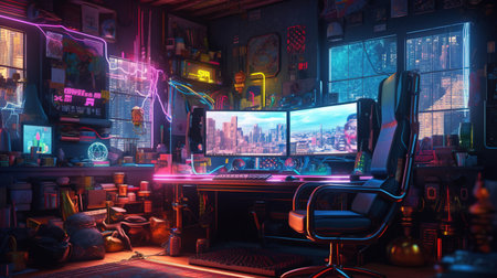 Generative AI, Computer on the table in cyberpunk style, nostalgic 80s, 90s. Neon night lights vibrant colors, photorealistic horizontal illustration of the futuristic interior. technology concept.の素材