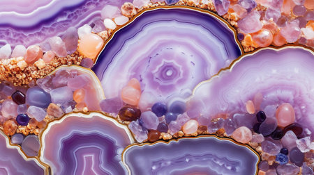 Generative AI, natural volcanic agate stones close-up light digital lavender and golden texture. Wallpaper background, quartz marble, decorative rock patternの素材