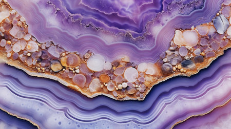 Generative AI, natural volcanic agate stones close-up light digital lavender and golden texture. Wallpaper background, quartz marble, decorative rock patternの素材