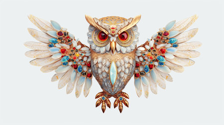 Generative AI, beautiful colorful owl brooch, opal stone and golden color palette isolated on white background. Bijouterie, jewelry close up.の素材